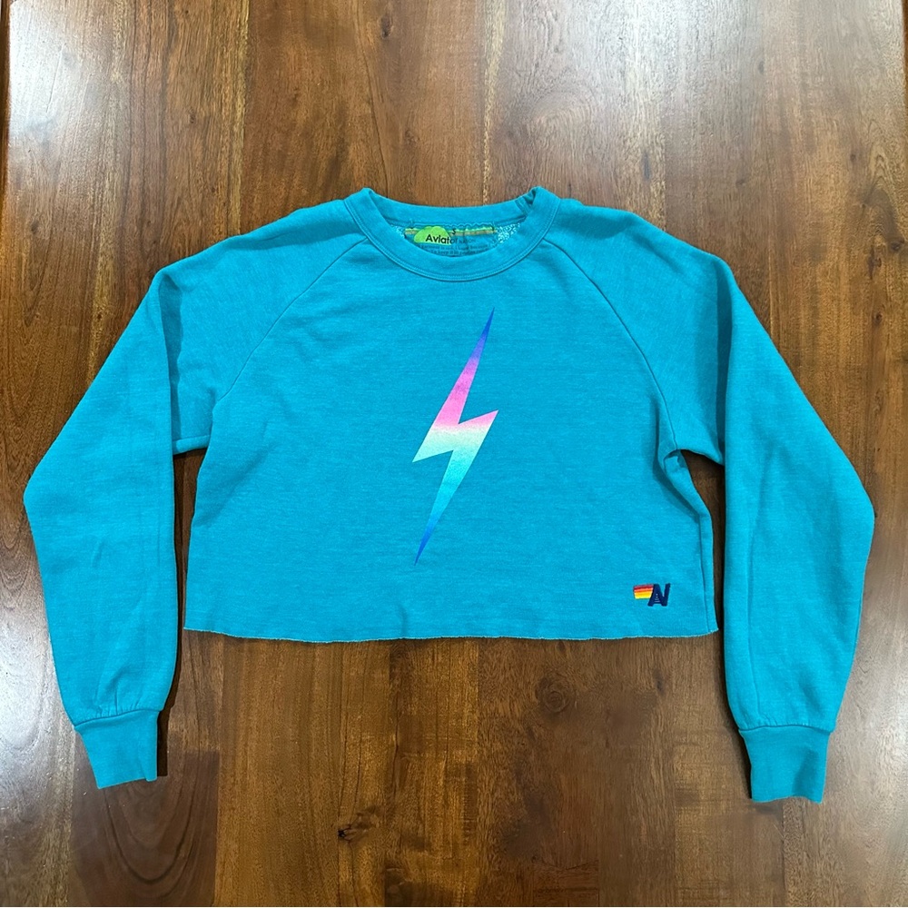 Aviator Nation Teal Cropped Lightning Bolt Sweatshirt